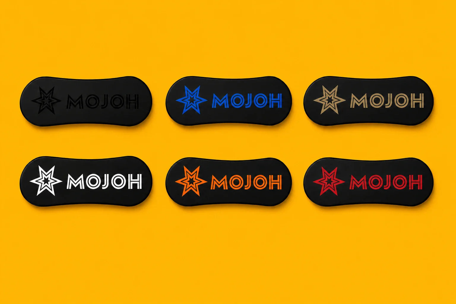 All six Ryzer Go handle colors on the gold background: black, blue, coyote, white, orange, and red