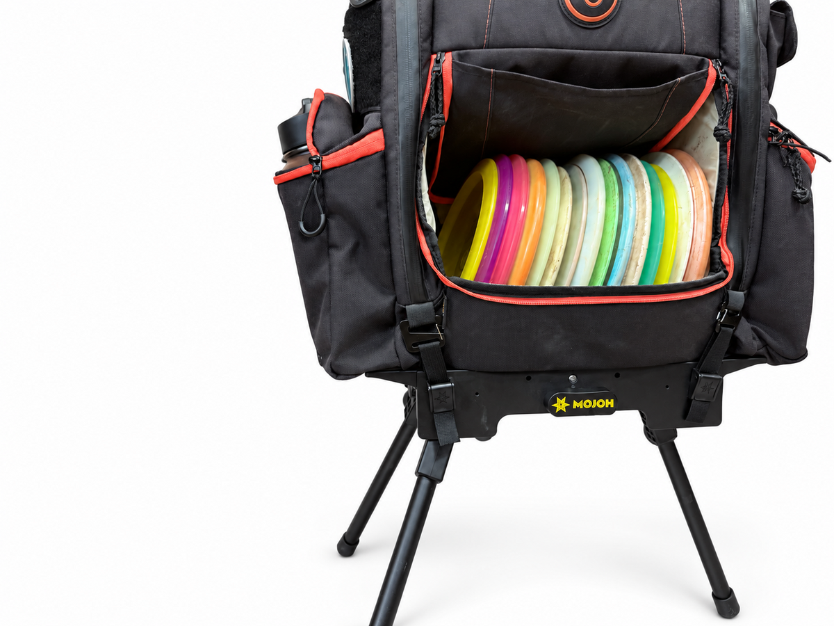 Disc golf bag mounted on Mojoh Ryzer stand with Soft Bottom Bag Kit