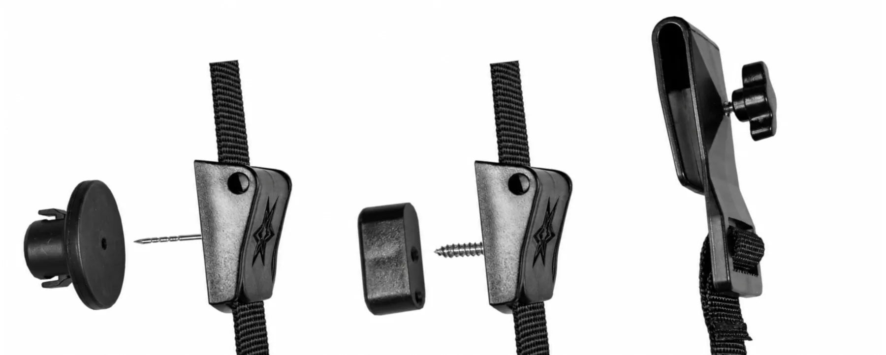 Three alternative mounting hardware configurations for the Ryzer Go displayed separately